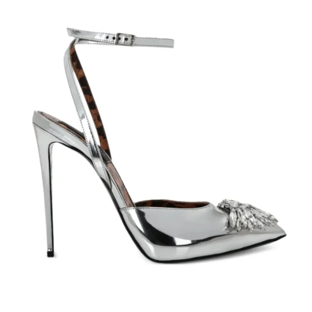 Philipp Plein Silver Metallic Pointed Toe Ankle Strap Heels